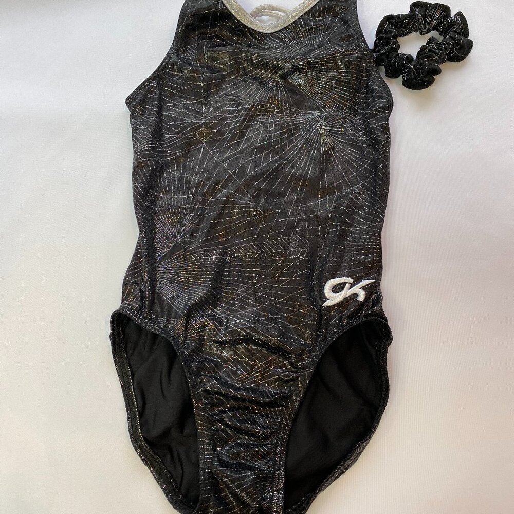 Child's GK Elite Black and Silver Leotard Size Medium with matching scrunchie